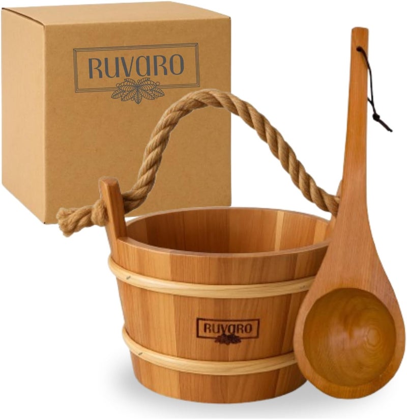RIVARO Sauna Bucket and Ladle Set – Handcrafted from Canadian Red Cedar Wood – 1 Gallon (4Liters) Water Capacity – Leakproof Liner – Natural Rope Handle - Luxury Sauna Accessories Set - Image 1